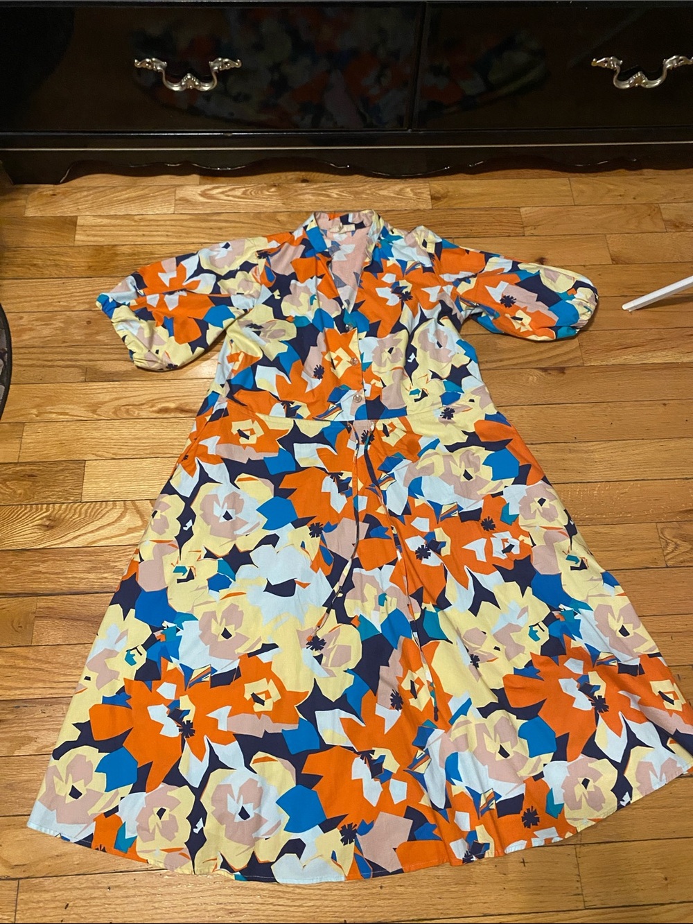 Girls' Floral Orange & Blue Button-Front Dress